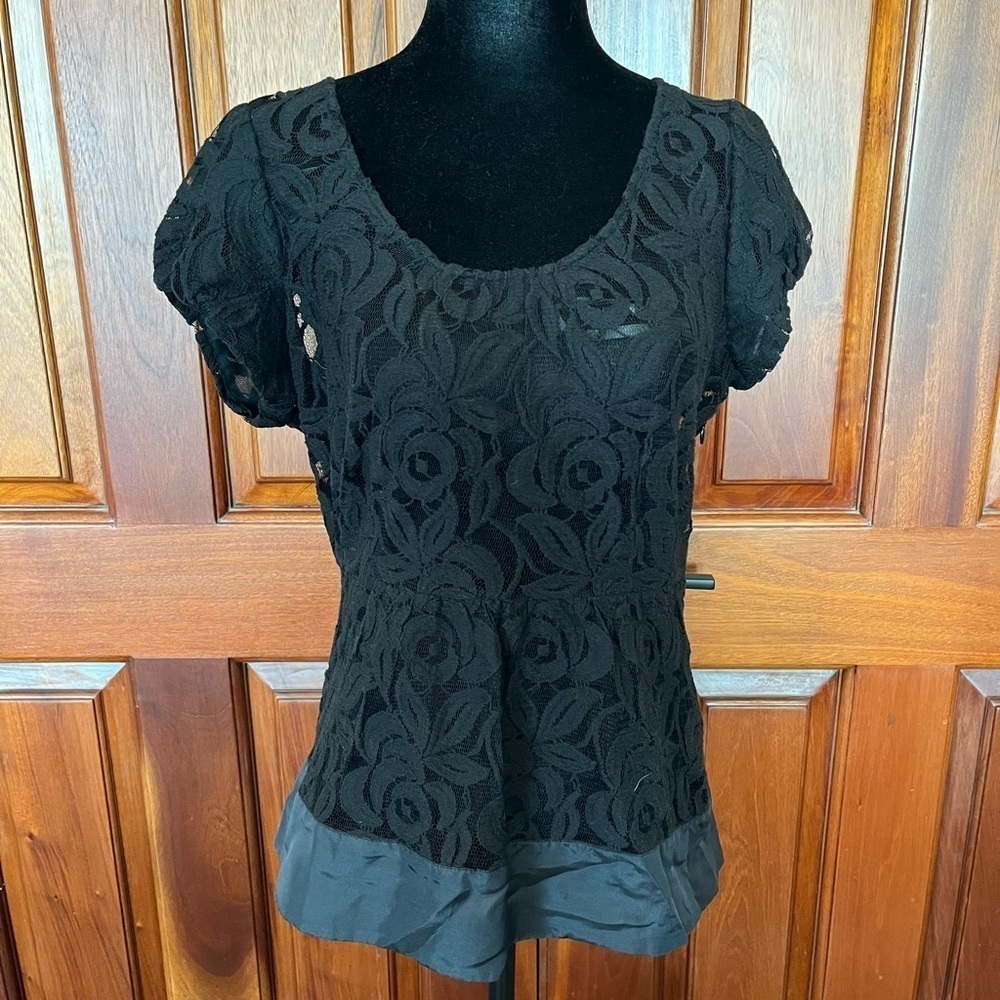 Moulinette Soeurs Anthropologie Black Lace Cap Sleeve Blouse Side Zip Size 10